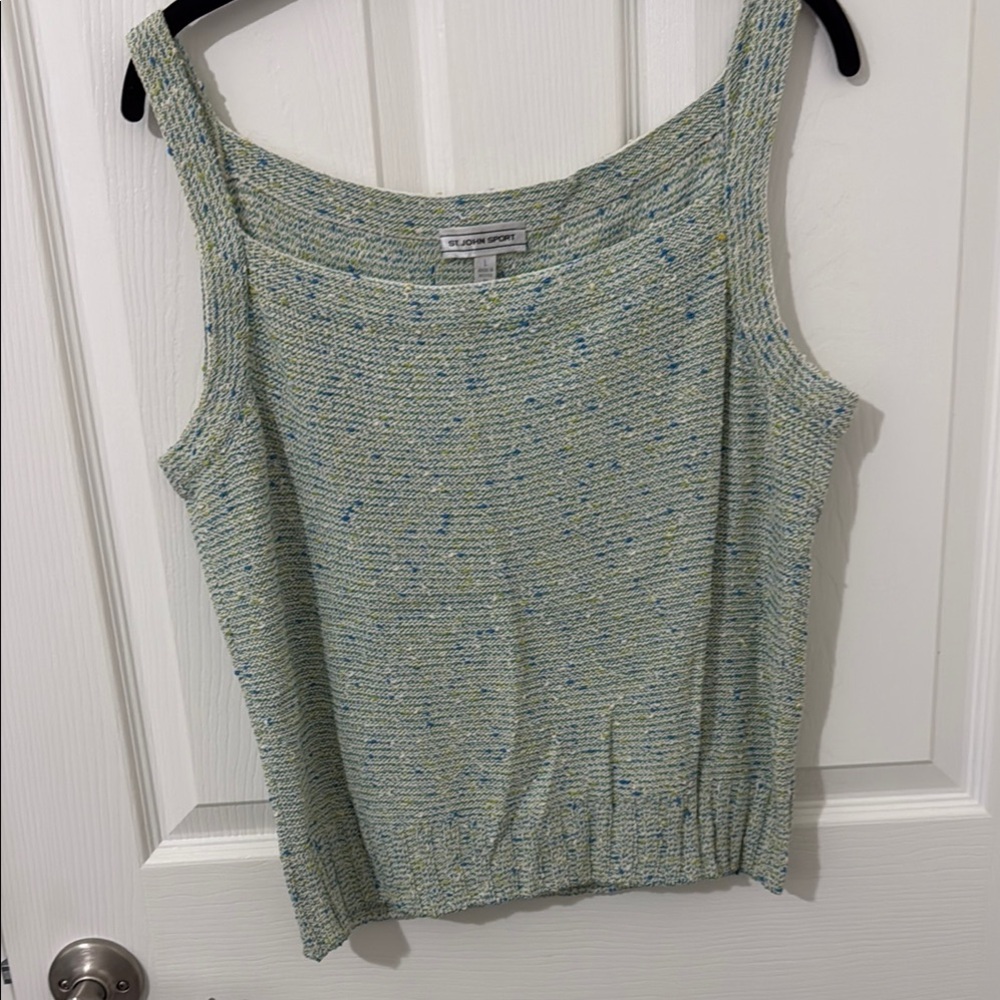 St. John Textured Knit Tank Top in Light Green and Blue